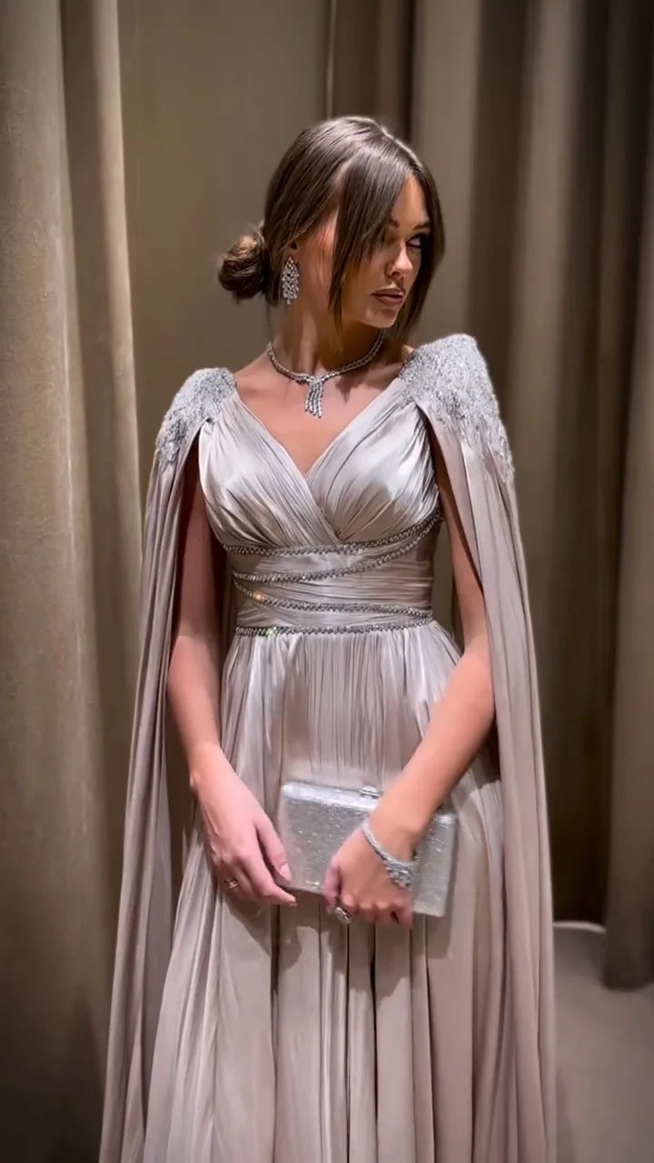 Luxury Crystal Rose Gold Evening Dress with Cape SS589