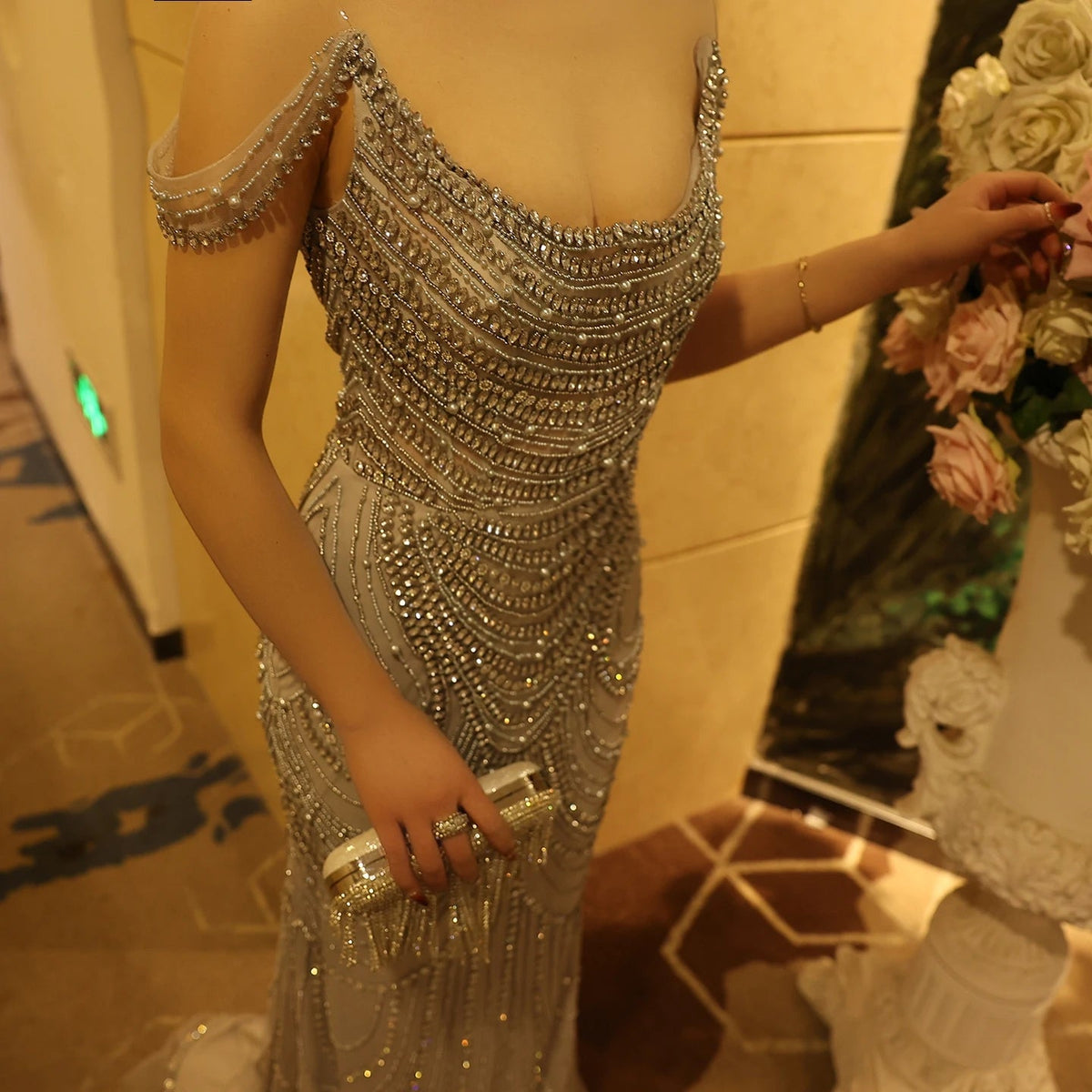 Luxury Crystal Silver Gray Mermaid Dubai Evening Dresses for Women Wedding Long Black Prom Party Gowns SS403