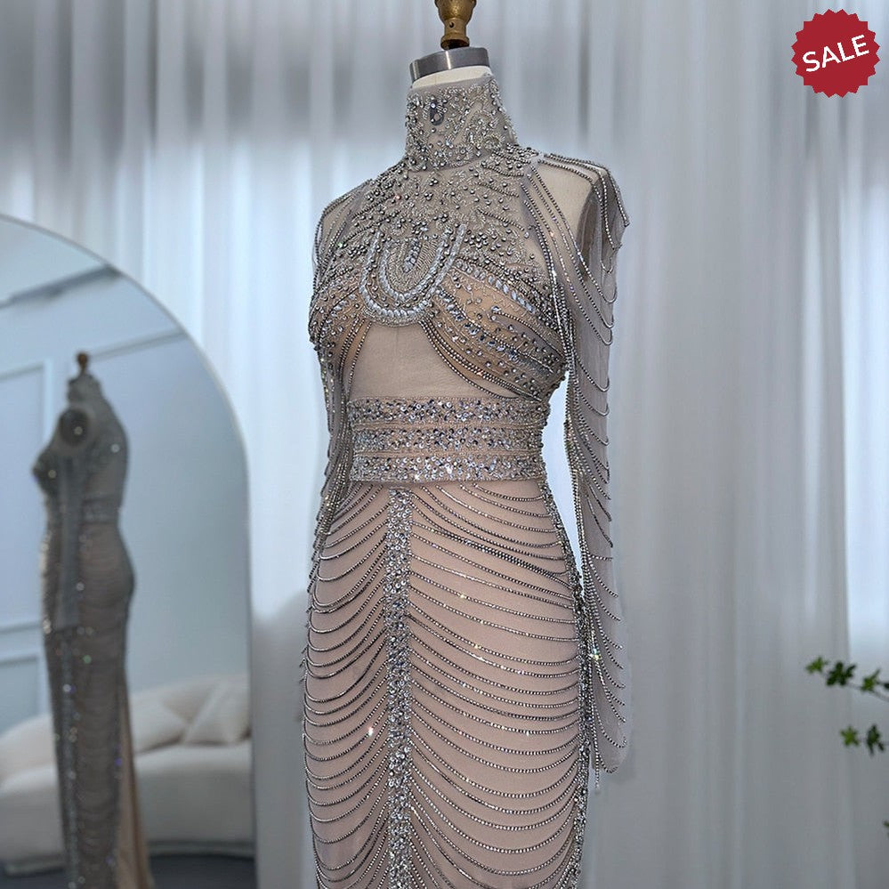 Luxury Crystal Tassel Dubai Evening Dresses for Women Wedding Party Arabic Mermaid Long African Prom Dress SS152