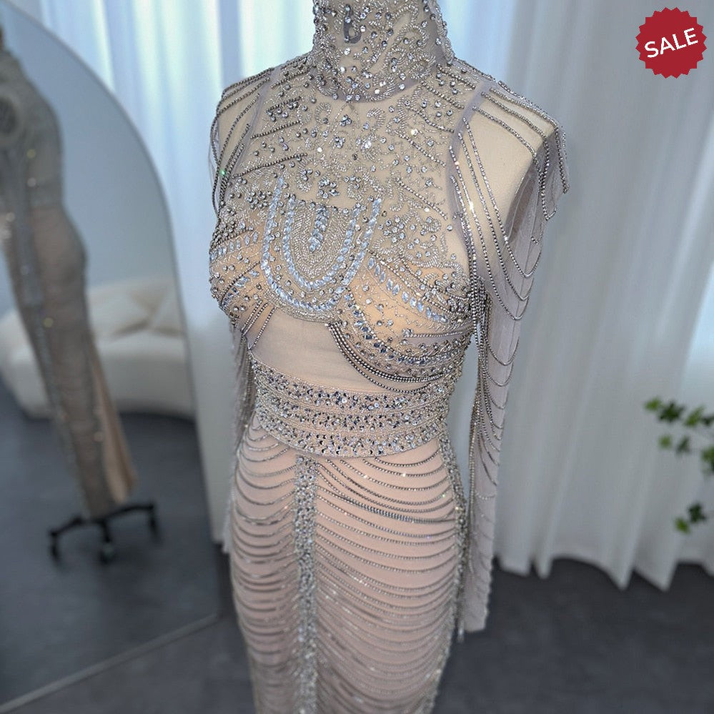 Luxury Crystal Tassel Dubai Evening Dresses for Women Wedding Party Arabic Mermaid Long African Prom Dress SS152