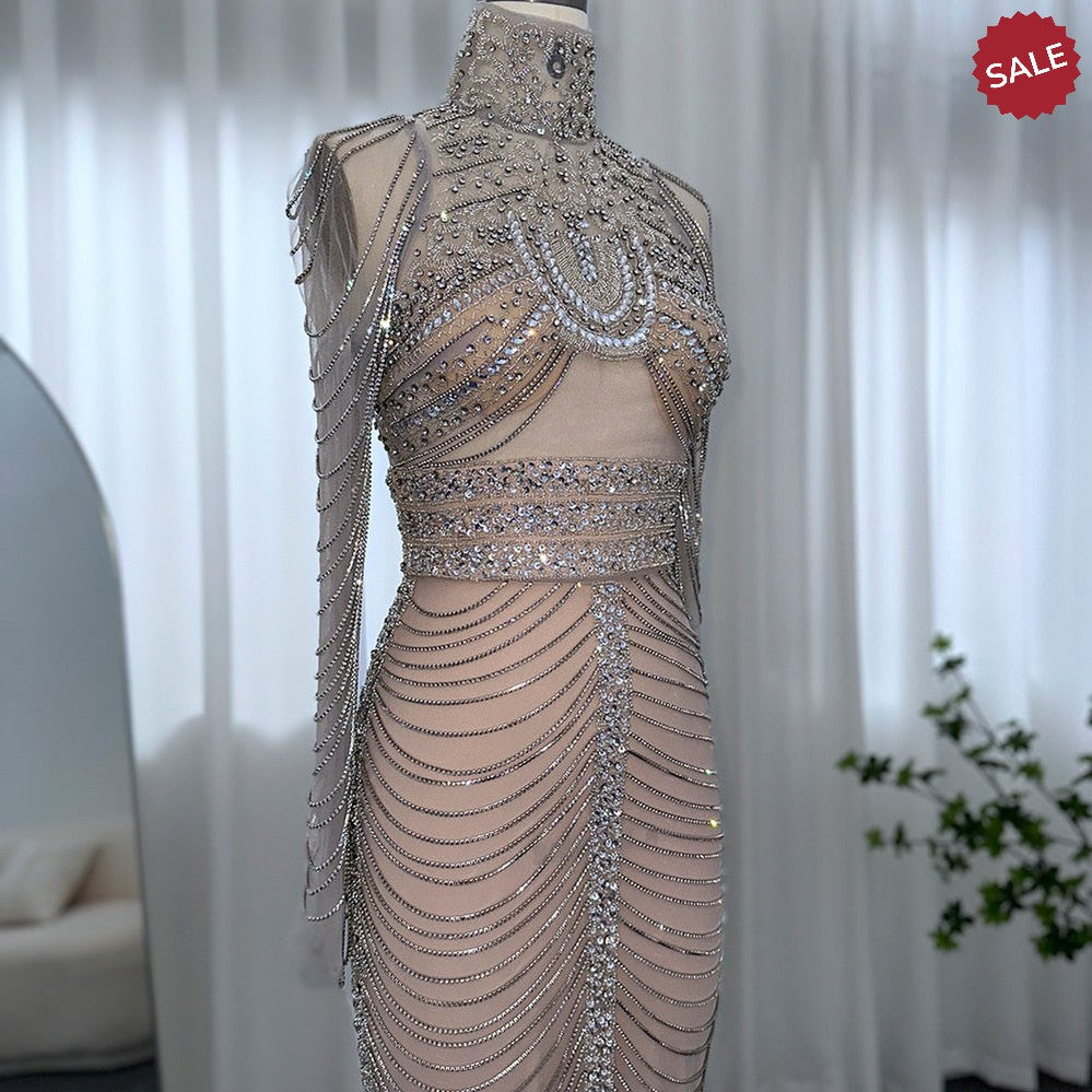 Luxury Crystal Tassel Dubai Evening Dresses for Women Wedding Party Arabic Mermaid Long African Prom Dress SS152