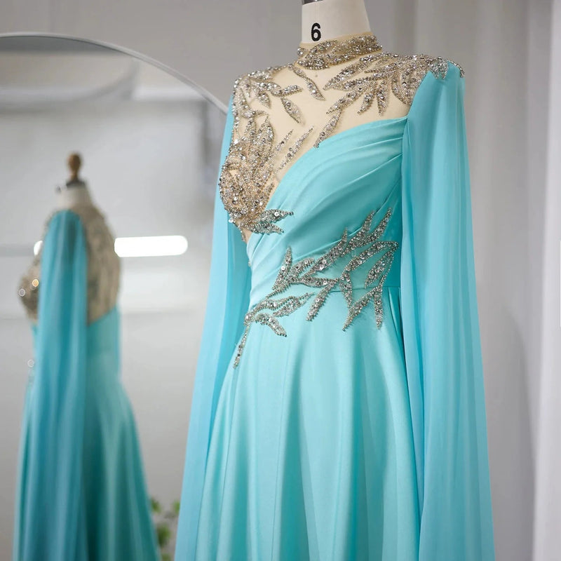 Luxury Crystal Turquoise Blue Evening Dress with Cap Sleeves 2024 High Neck Arabic Women Wedding Party Dress SS207