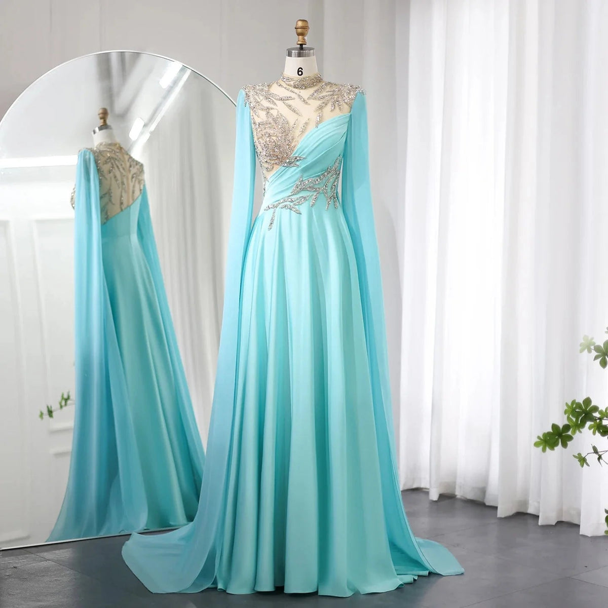 Luxury Crystal Turquoise Blue Evening Dress with Cap Sleeves 2024 High Neck Arabic Women Wedding Party Dress SS207