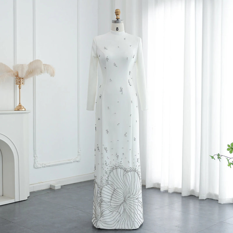 Luxury Crystal White Muslim Long Sleeves Evening Dress SS258