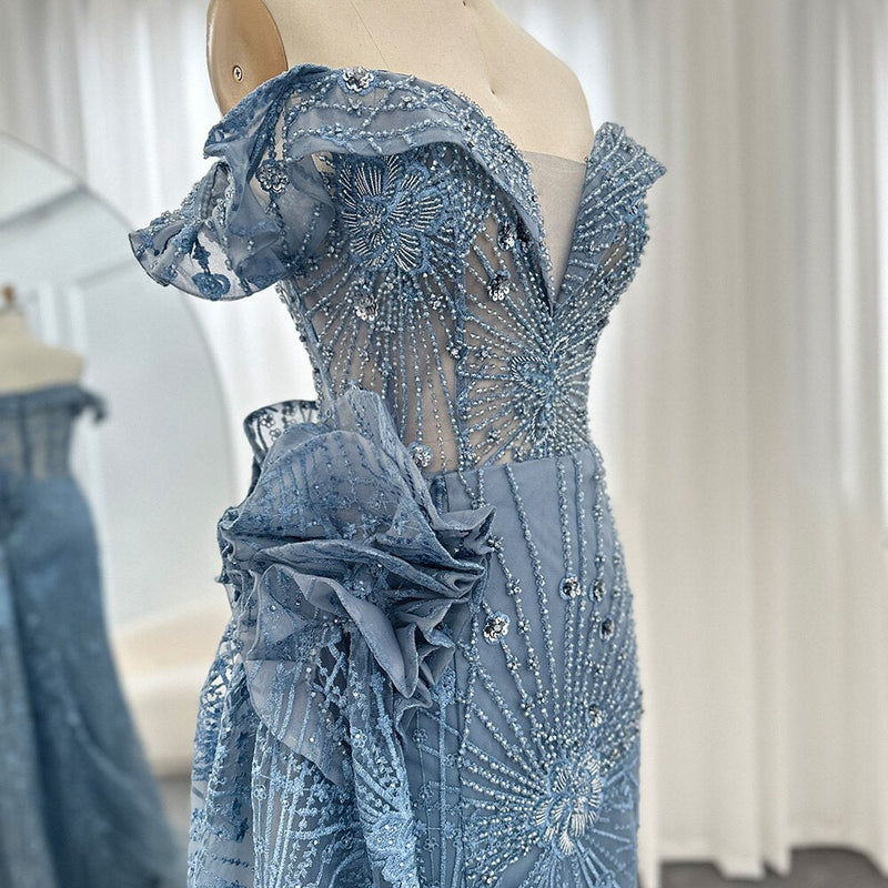 Luxury Dubai 3D Flowers Mermaid Blue Evening Dresses With Overskirt Elegant Plus Size Woman Wedding Party Gown SS156