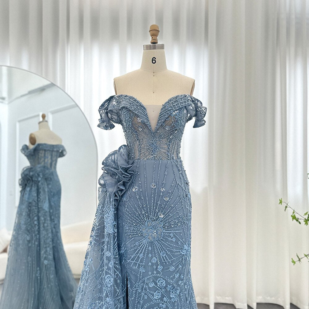 Luxury Dubai 3D Flowers Mermaid Blue Evening Dresses With Overskirt Elegant Plus Size Woman Wedding Party Gown SS156
