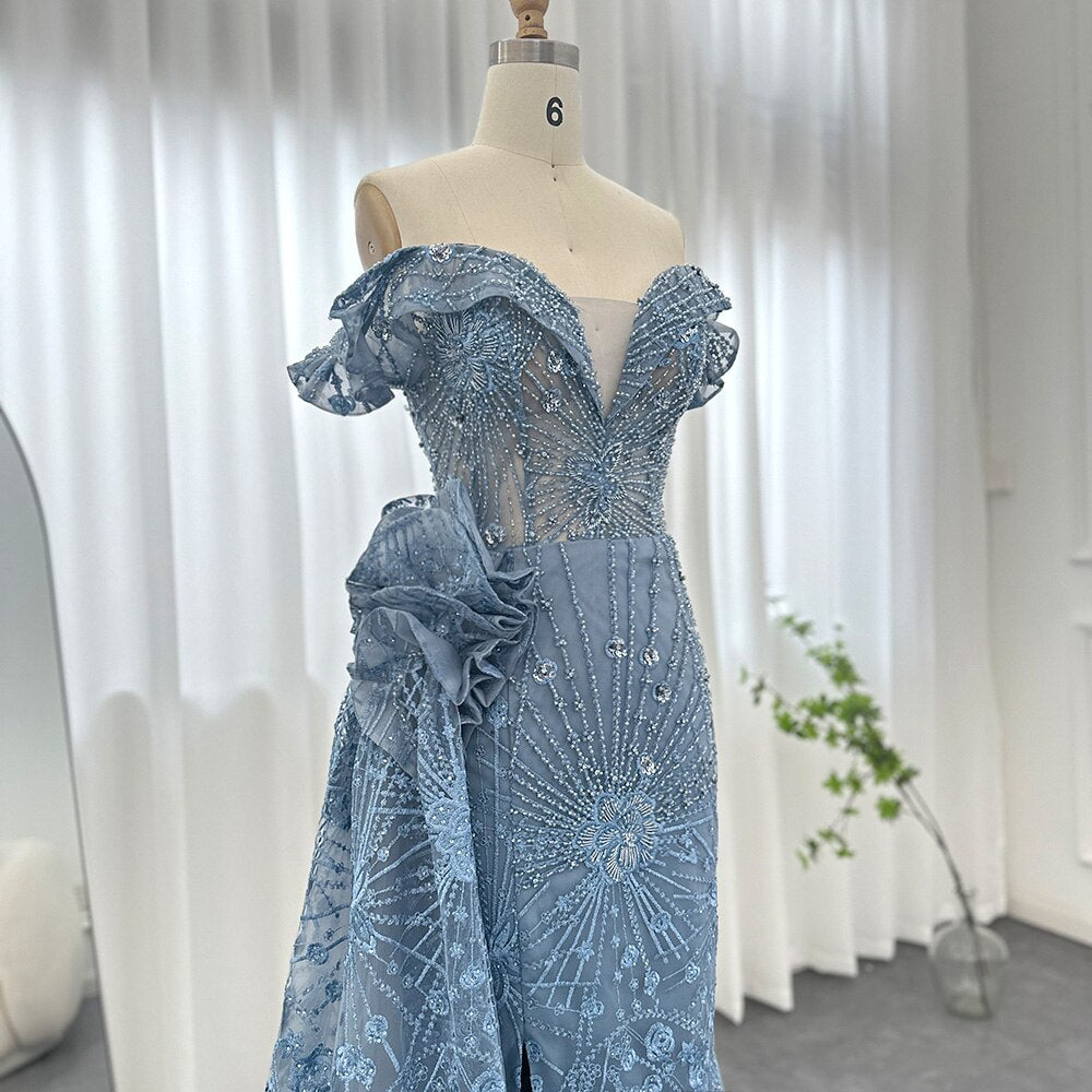Luxury Dubai 3D Flowers Mermaid Blue Evening Dresses With Overskirt Elegant Plus Size Woman Wedding Party Gown SS156