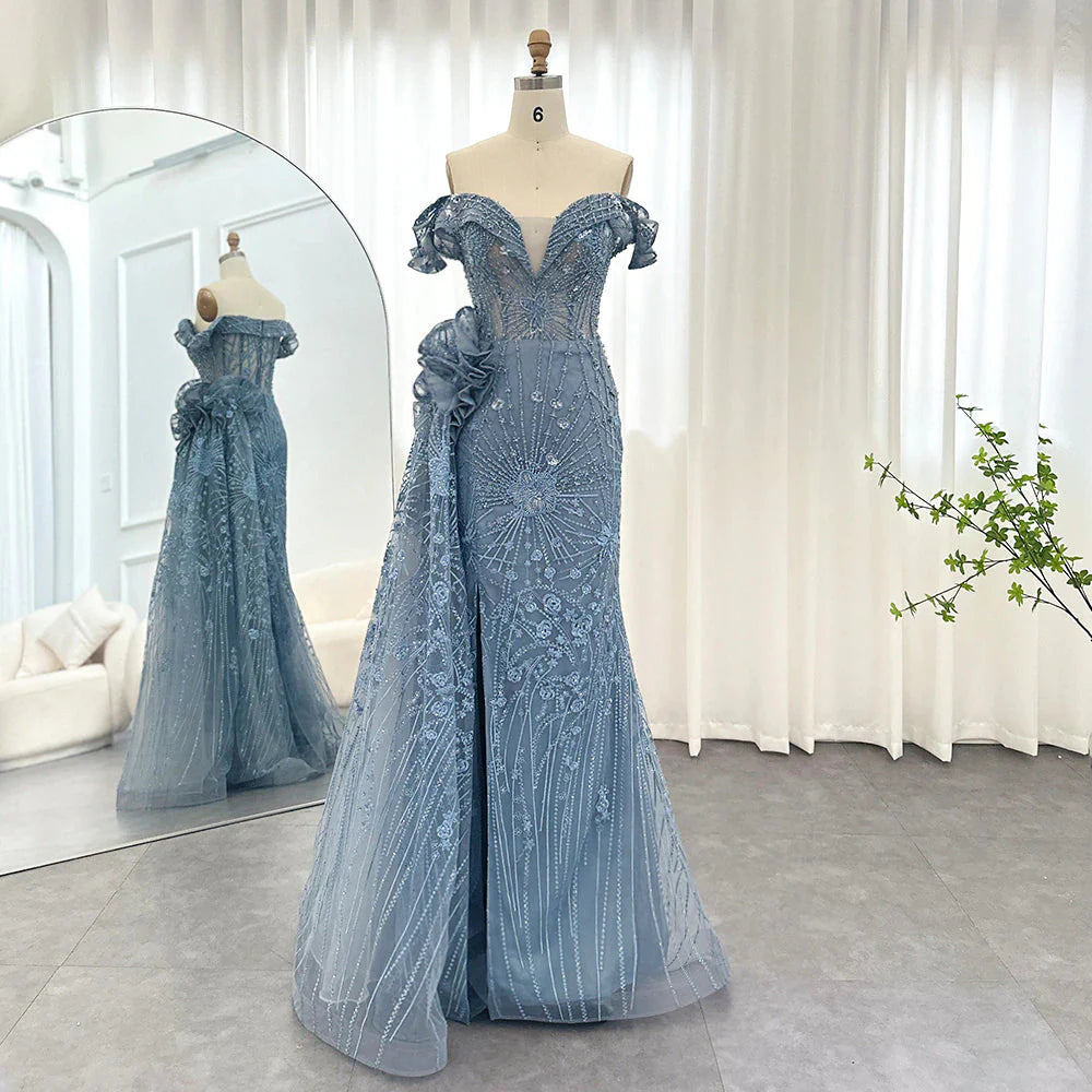 Luxury Dubai 3D Flowers Mermaid Blue Evening Dresses With Overskirt Elegant Plus Size Woman Wedding Party Gown SS156