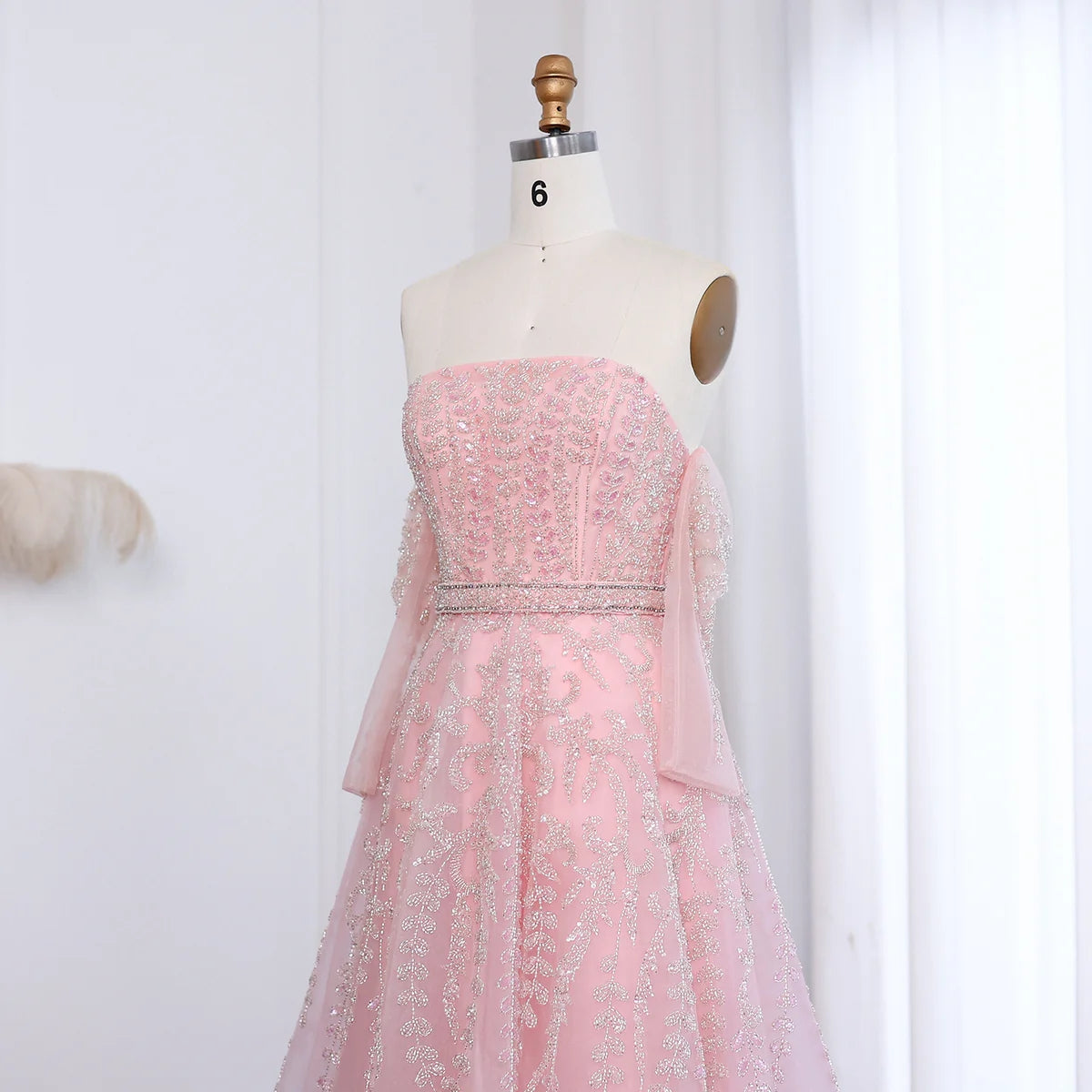 Luxury Dubai Beaded Arabic Lilac Evening Dress with Sleeves Elegant Strapless Women Wedding Party Gowns SS462