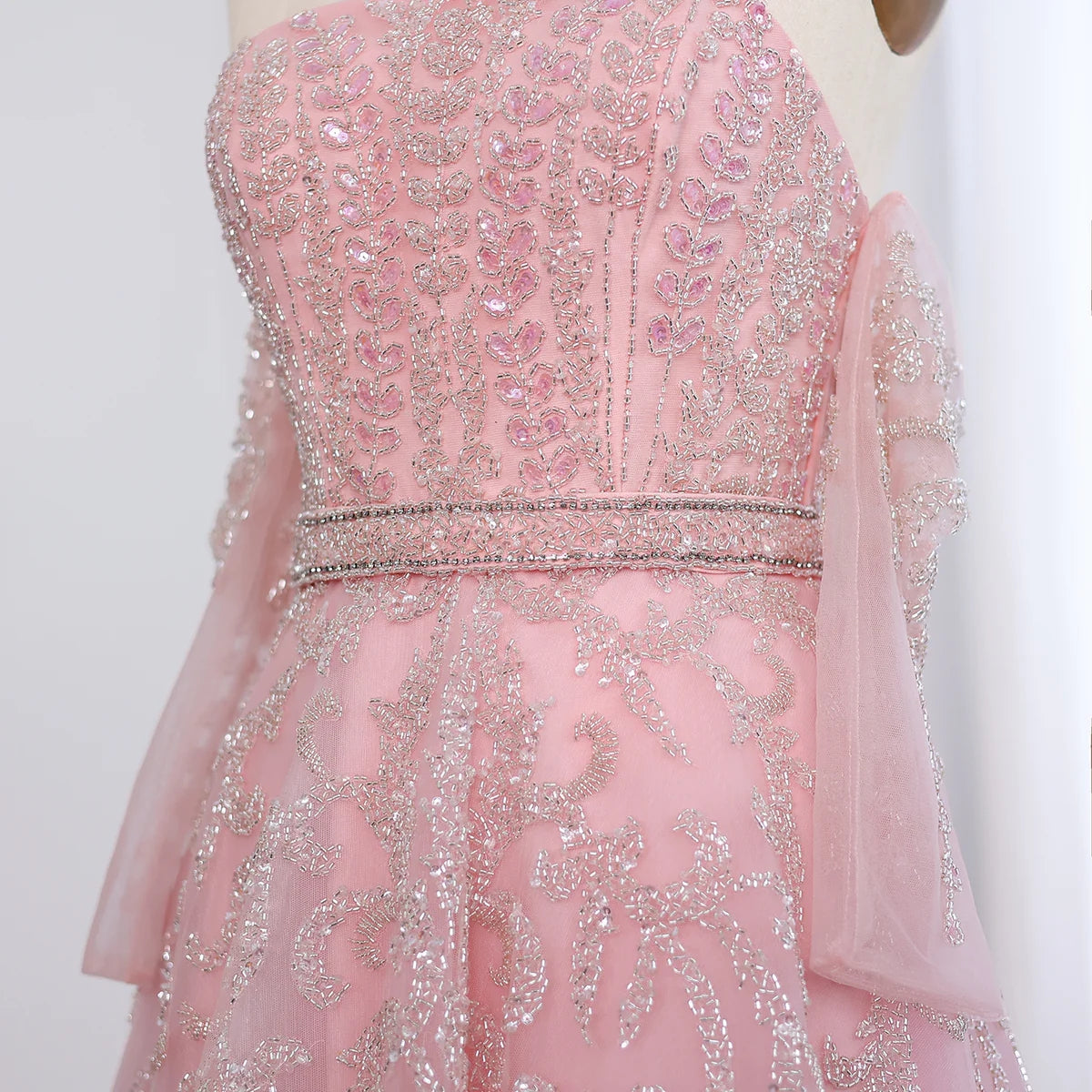 Luxury Dubai Beaded Arabic Lilac Evening Dress with Sleeves Elegant Strapless Women Wedding Party Gowns SS462