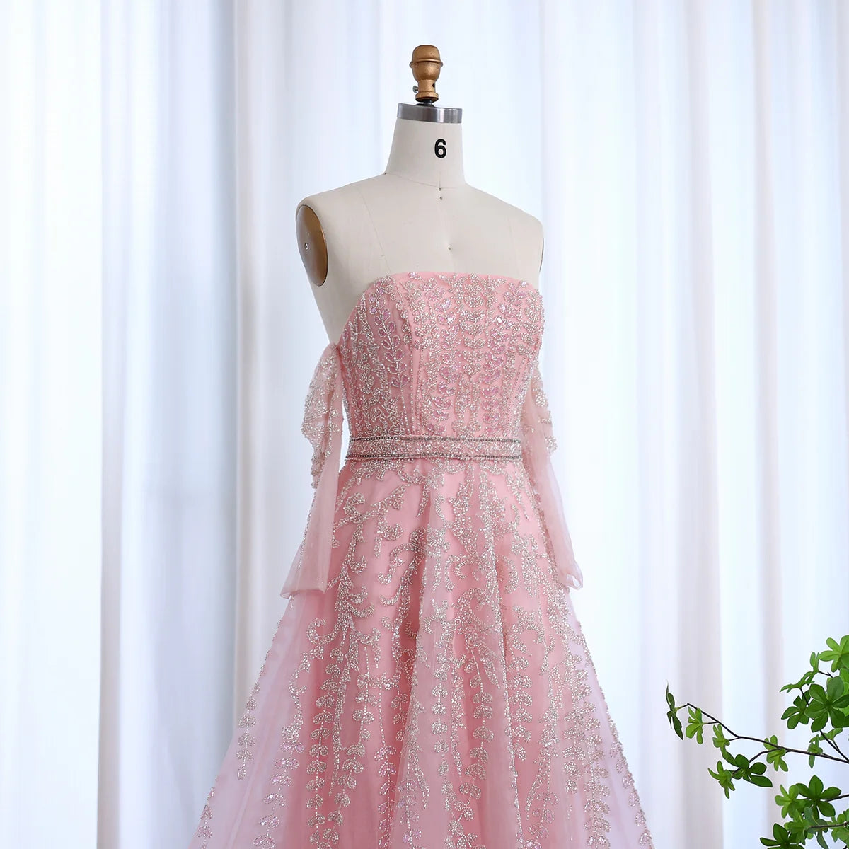 Luxury Dubai Beaded Arabic Lilac Evening Dress with Sleeves Elegant Strapless Women Wedding Party Gowns SS462