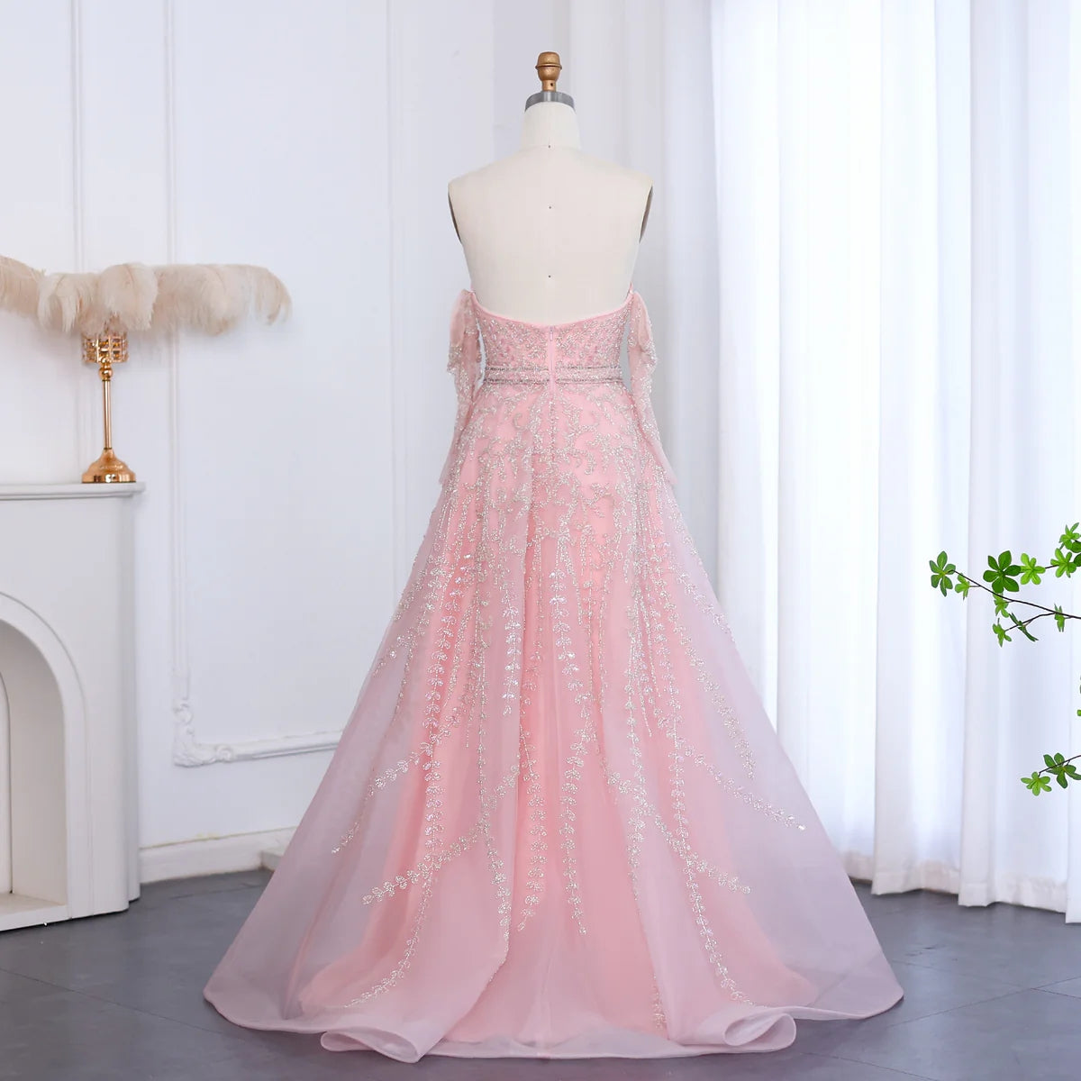 Luxury Dubai Beaded Arabic Lilac Evening Dress with Sleeves Elegant Strapless Women Wedding Party Gowns SS462