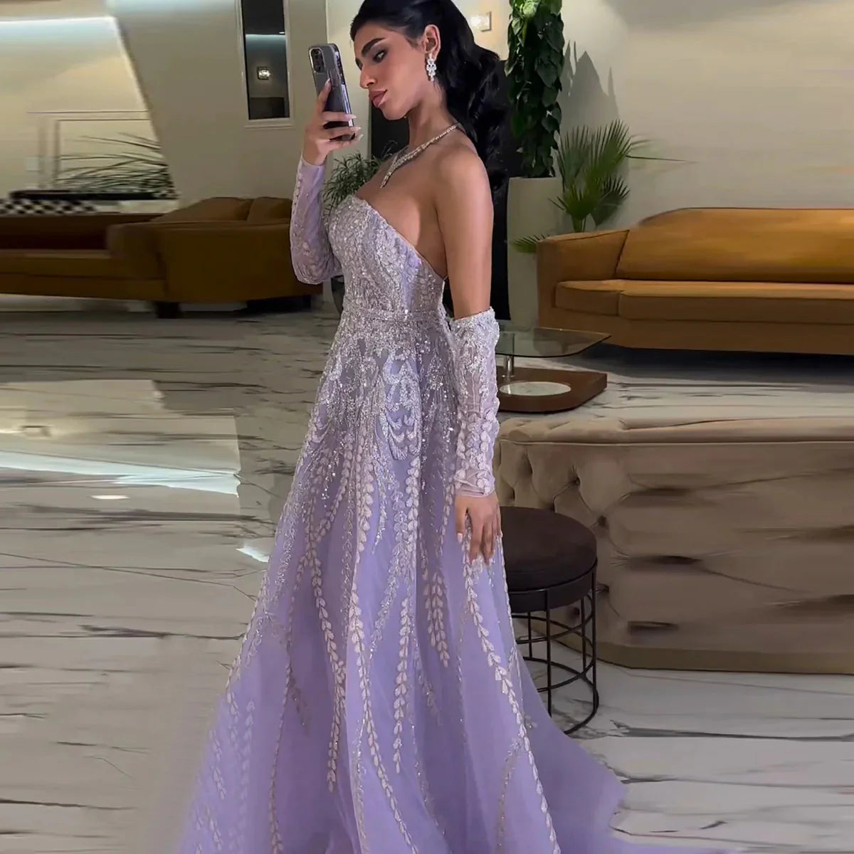 Luxury Dubai Beaded Arabic Lilac Evening Dress with Sleeves Elegant Strapless Women Wedding Party Gowns SS462