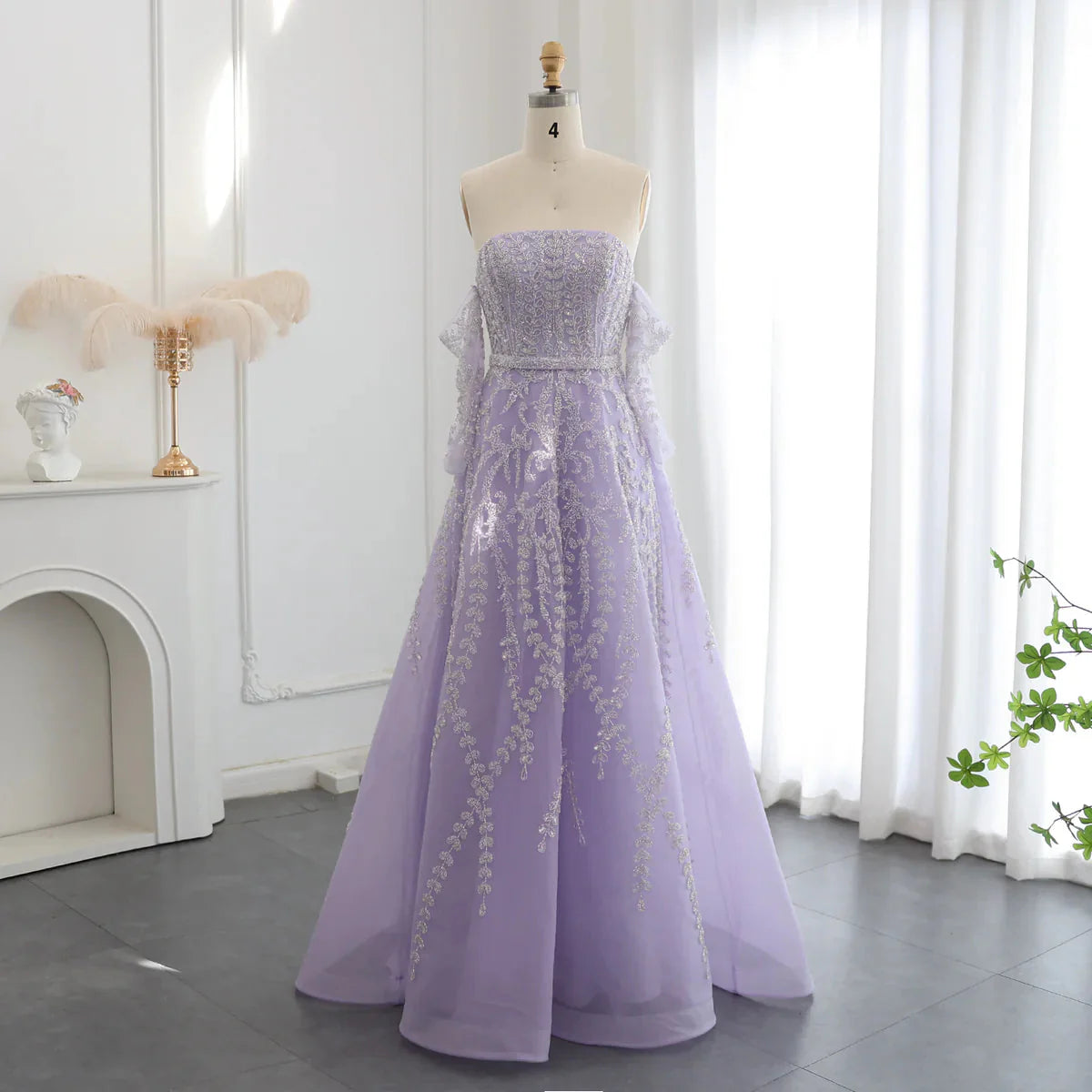 Luxury Dubai Beaded Arabic Lilac Evening Dress with Sleeves Elegant Strapless Women Wedding Party Gowns SS462