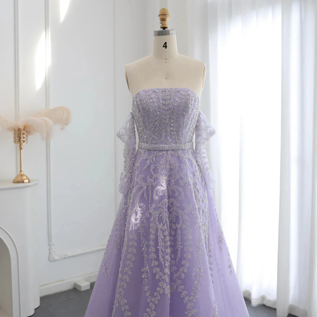 Luxury Dubai Beaded Arabic Lilac Evening Dress with Sleeves Elegant Strapless Women Wedding Party Gowns SS462