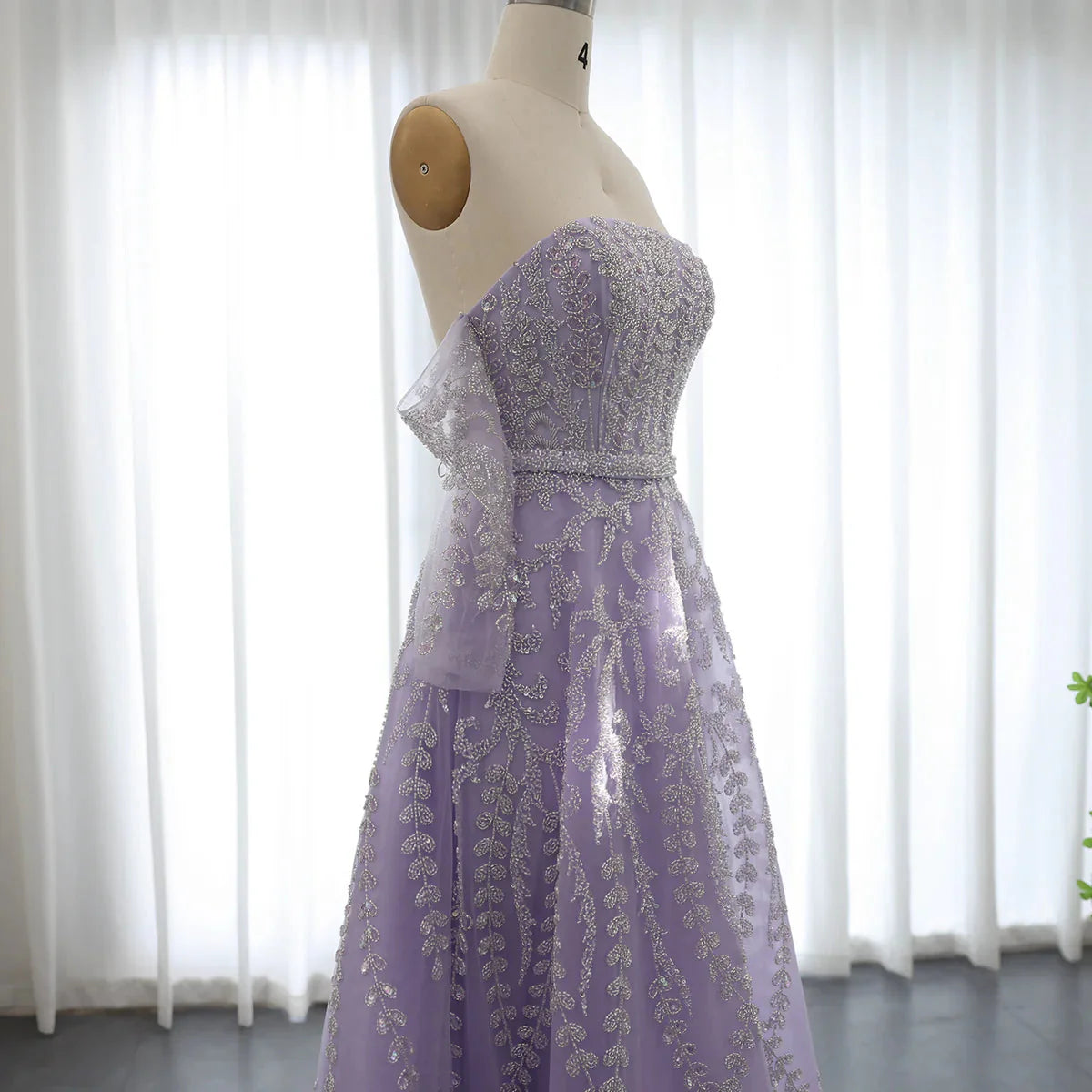 Luxury Dubai Beaded Arabic Lilac Evening Dress with Sleeves Elegant Strapless Women Wedding Party Gowns SS462