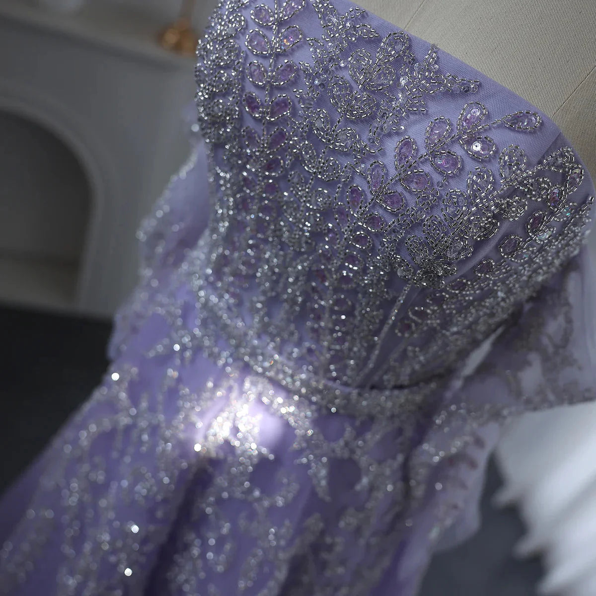 Luxury Dubai Beaded Arabic Lilac Evening Dress with Sleeves Elegant Strapless Women Wedding Party Gowns SS462