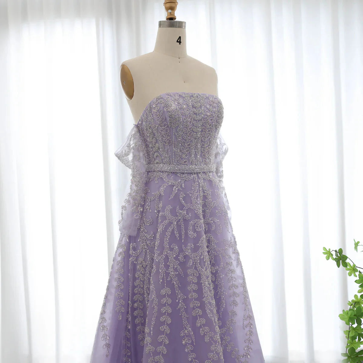 Luxury Dubai Beaded Arabic Lilac Evening Dress with Sleeves Elegant Strapless Women Wedding Party Gowns SS462