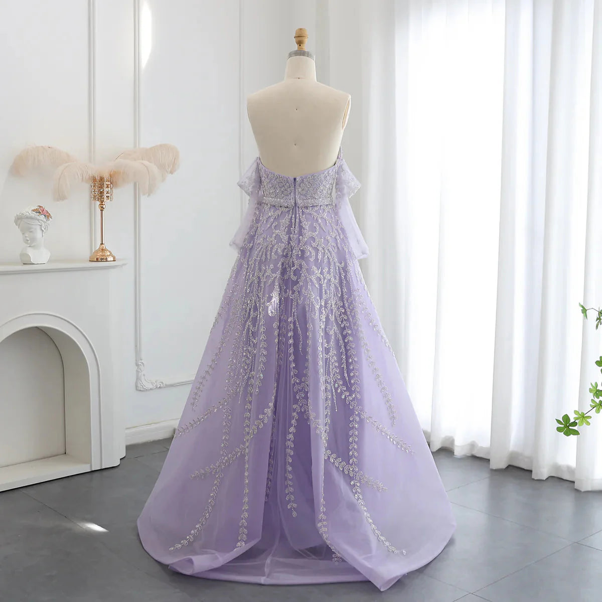 Luxury Dubai Beaded Arabic Lilac Evening Dress with Sleeves Elegant Strapless Women Wedding Party Gowns SS462