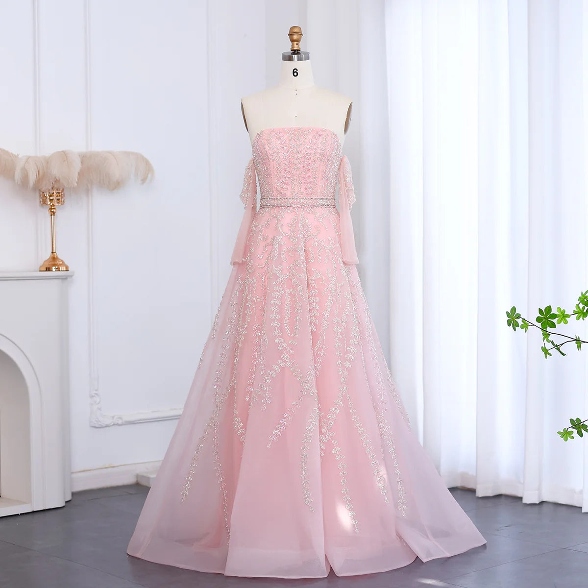 Luxury Dubai Beaded Arabic Lilac Evening Dress with Sleeves Elegant Strapless Women Wedding Party Gowns SS462