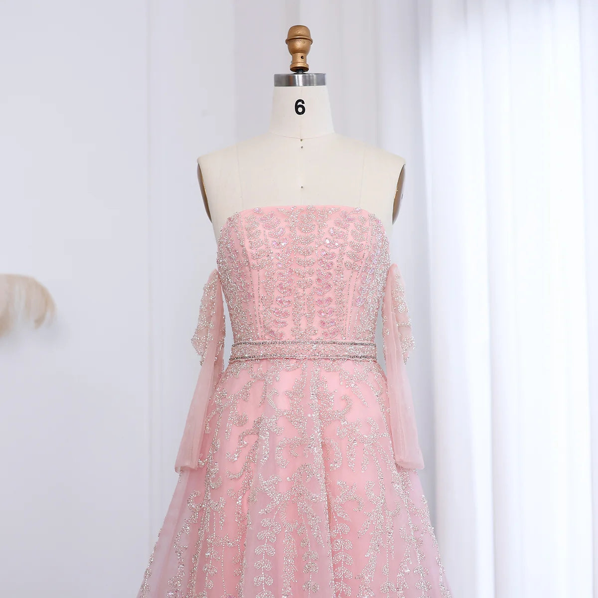 Luxury Dubai Beaded Arabic Lilac Evening Dress with Sleeves Elegant Strapless Women Wedding Party Gowns SS462