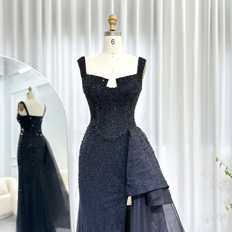 Luxury Dubai Beaded Black Mermaid Evening Dresses 2023 Celebrity Arabic Women Party Prom Gowns with High Slit SS385
