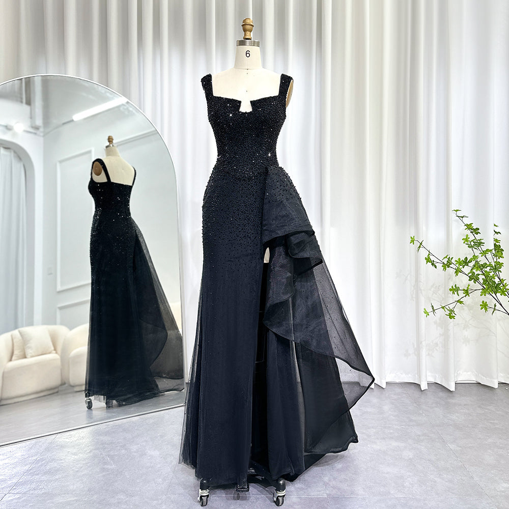 Luxury Dubai Beaded Black Mermaid Evening Dresses 2023 Celebrity Arabic Women Party Prom Gowns with High Slit SS385