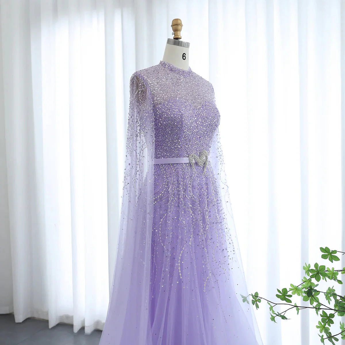 Luxury Dubai Blue Arabic Evening Dress with Cape Sleeves Elegant High Neck Muslim Women Wedding Party Gowns SS451