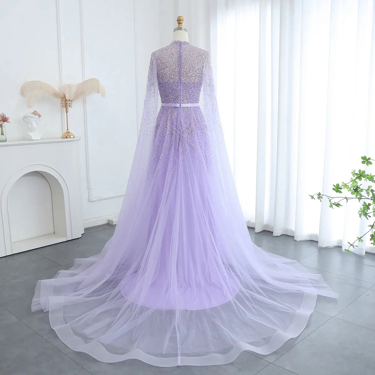 Luxury Dubai Blue Arabic Evening Dress with Cape Sleeves Elegant High Neck Muslim Women Wedding Party Gowns SS451