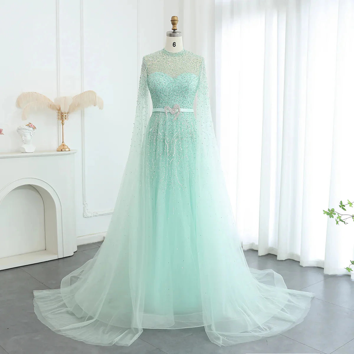 Luxury Dubai Blue Arabic Evening Dress with Cape Sleeves Elegant High Neck Muslim Women Wedding Party Gowns SS451