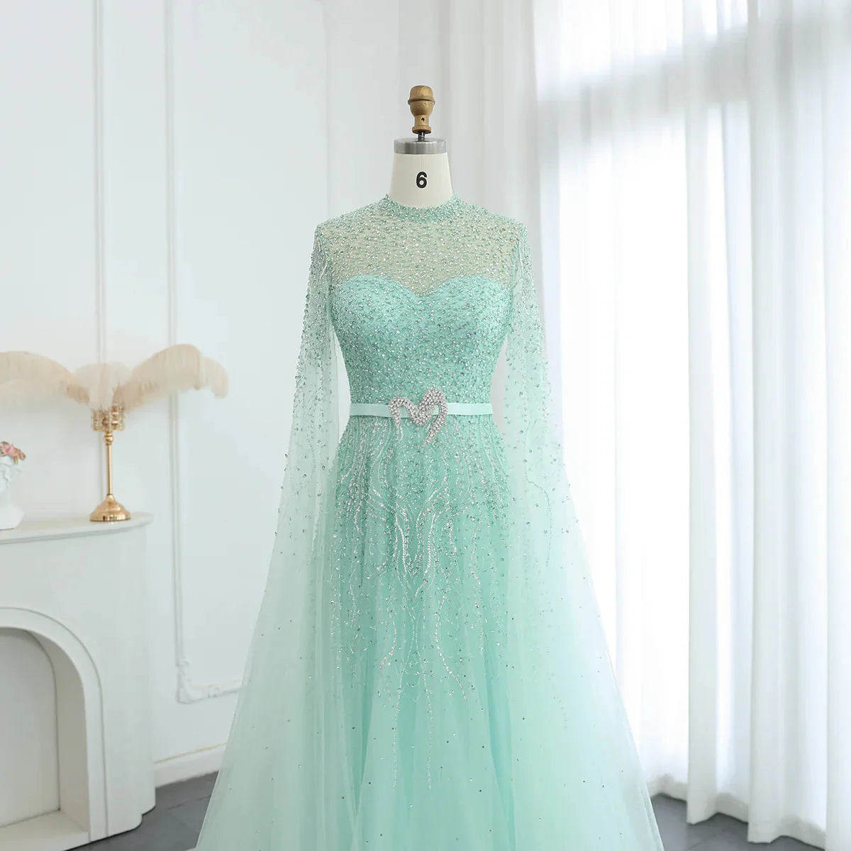 Luxury Dubai Blue Arabic Evening Dress with Cape Sleeves Elegant High Neck Muslim Women Wedding Party Gowns SS451