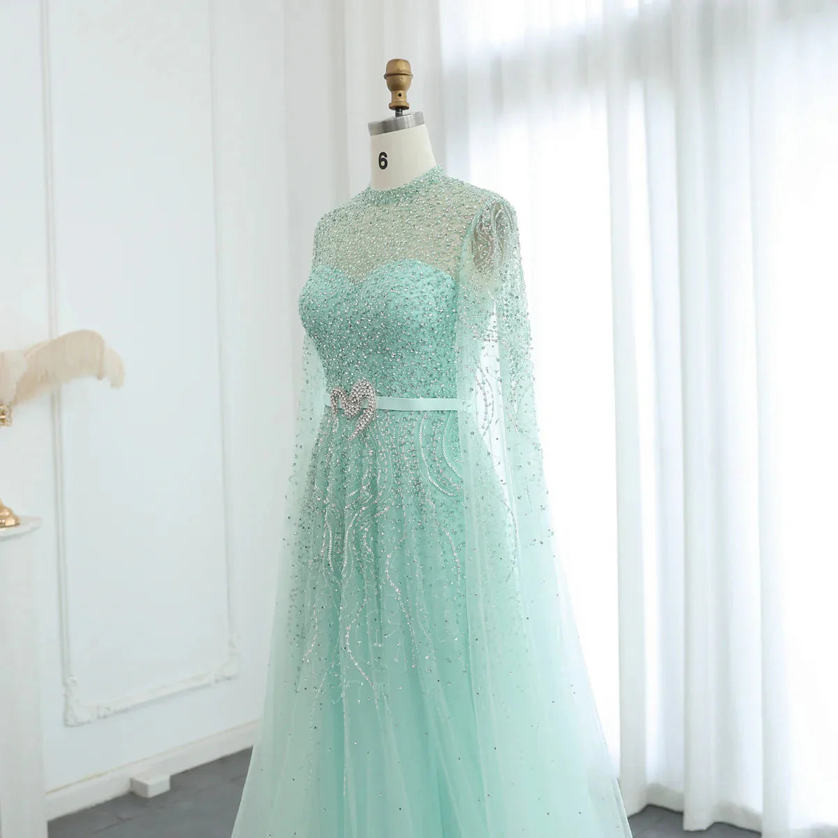 Luxury Dubai Blue Arabic Evening Dress with Cape Sleeves Elegant High Neck Muslim Women Wedding Party Gowns SS451