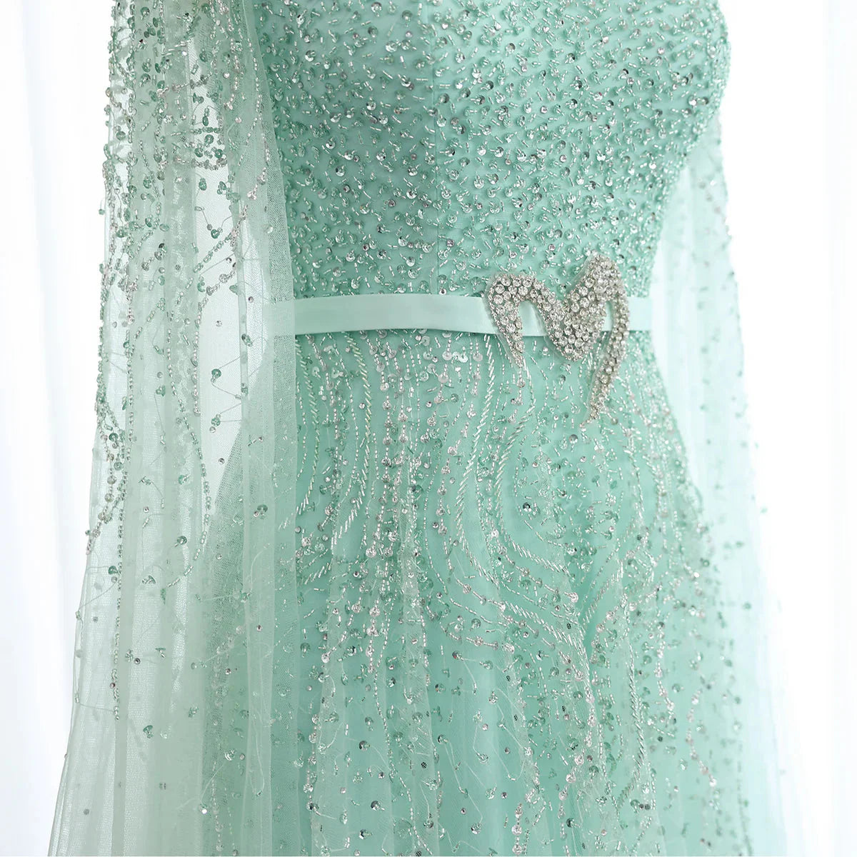 Luxury Dubai Blue Arabic Evening Dress with Cape Sleeves Elegant High Neck Muslim Women Wedding Party Gowns SS451