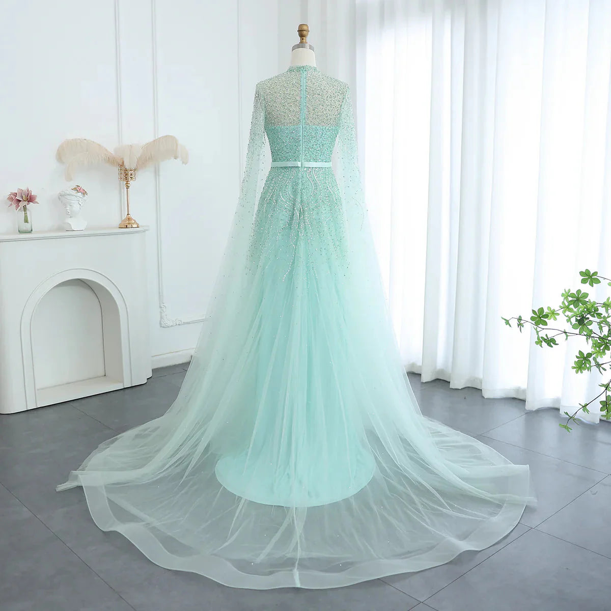 Luxury Dubai Blue Arabic Evening Dress with Cape Sleeves Elegant High Neck Muslim Women Wedding Party Gowns SS451