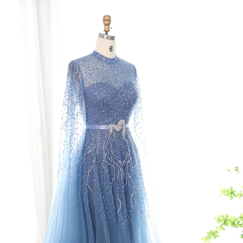 Luxury Dubai Blue Arabic Evening Dress with Cape Sleeves Elegant High Neck Muslim Women Wedding Party Gowns SS451