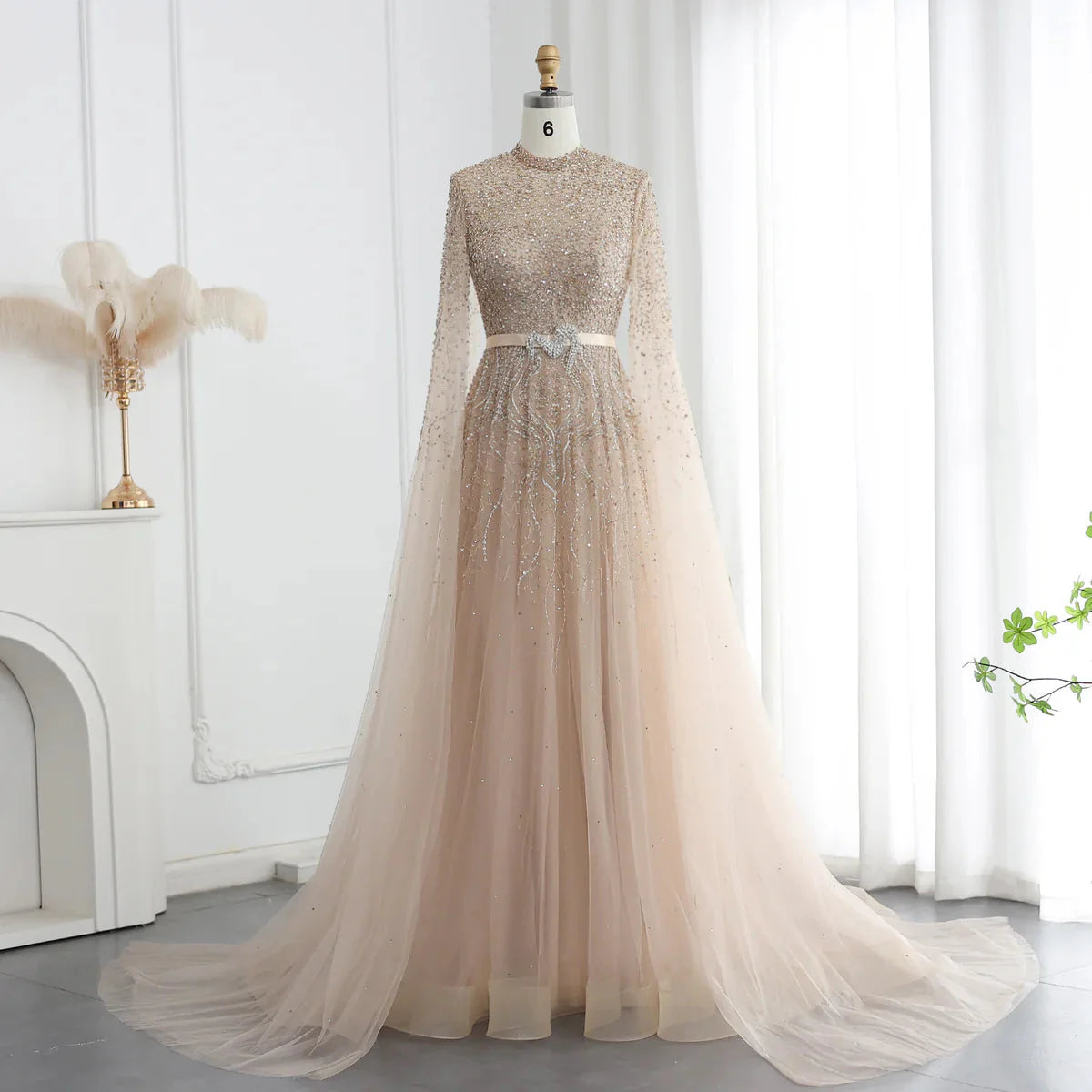 Luxury Dubai Blue Arabic Evening Dress with Cape Sleeves Elegant High Neck Muslim Women Wedding Party Gowns SS451