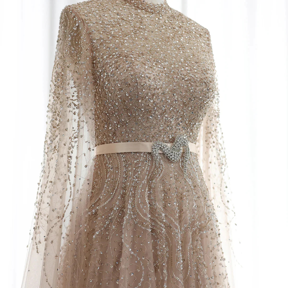 Luxury Dubai Blue Arabic Evening Dress with Cape Sleeves Elegant High Neck Muslim Women Wedding Party Gowns SS451