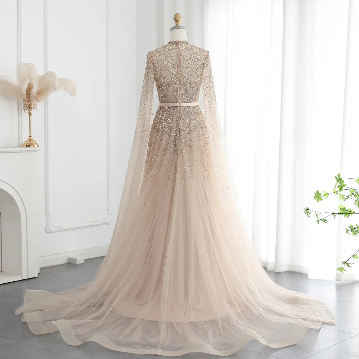 Luxury Dubai Blue Arabic Evening Dress with Cape Sleeves Elegant High Neck Muslim Women Wedding Party Gowns SS451