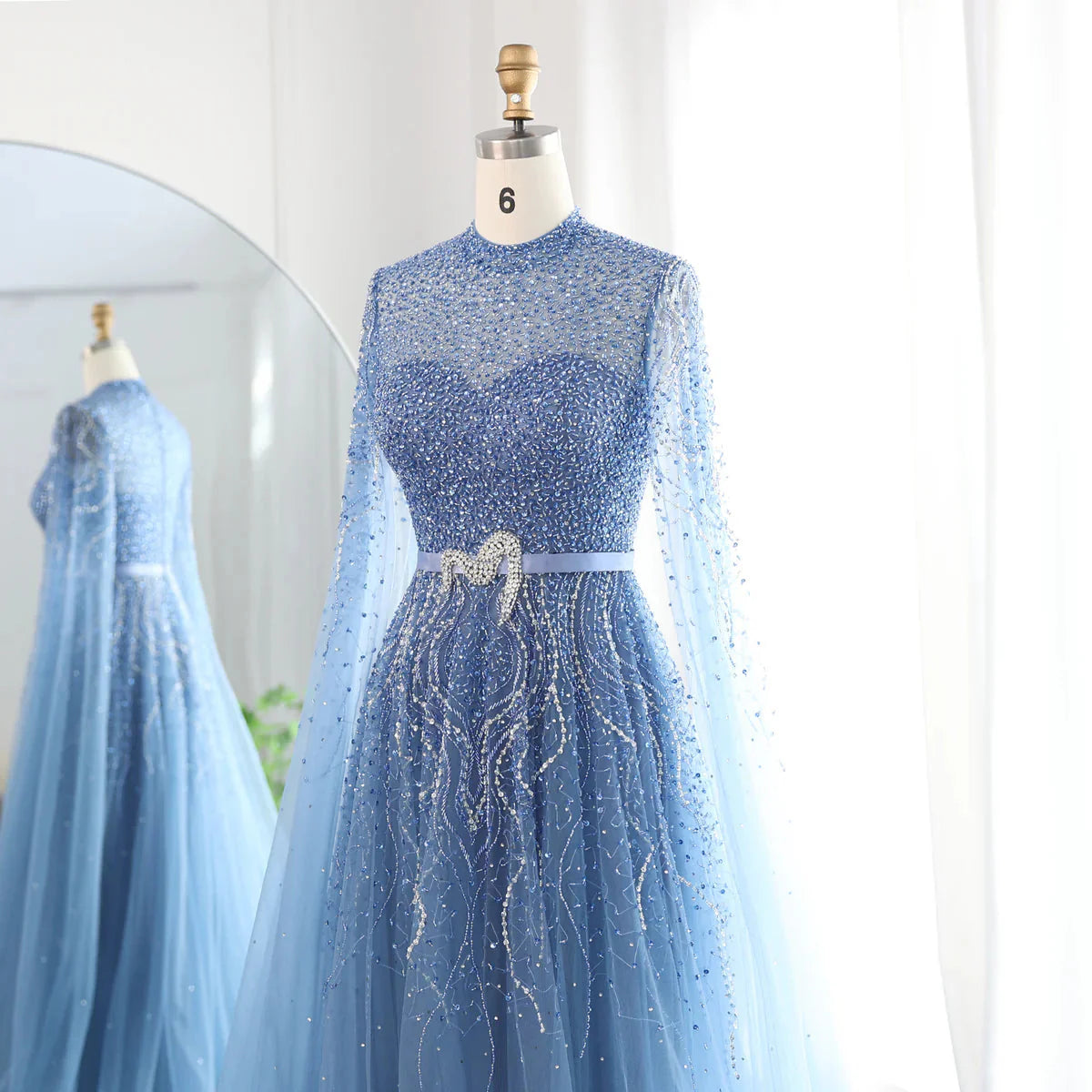 Luxury Dubai Blue Arabic Evening Dress with Cape Sleeves Elegant High Neck Muslim Women Wedding Party Gowns SS451