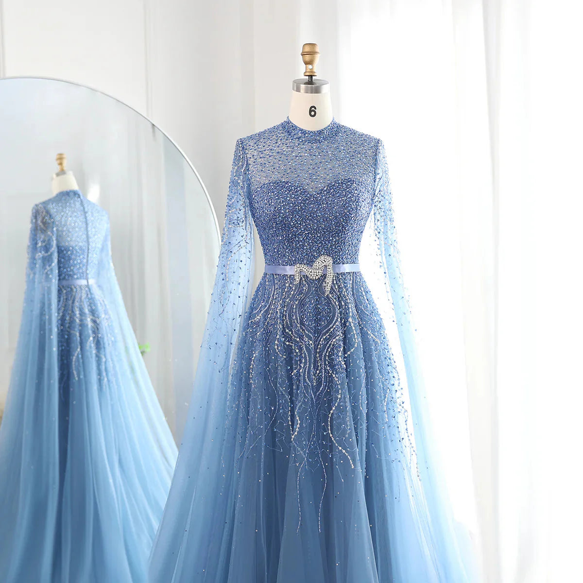 Luxury Dubai Blue Arabic Evening Dress with Cape Sleeves Elegant High Neck Muslim Women Wedding Party Gowns SS451