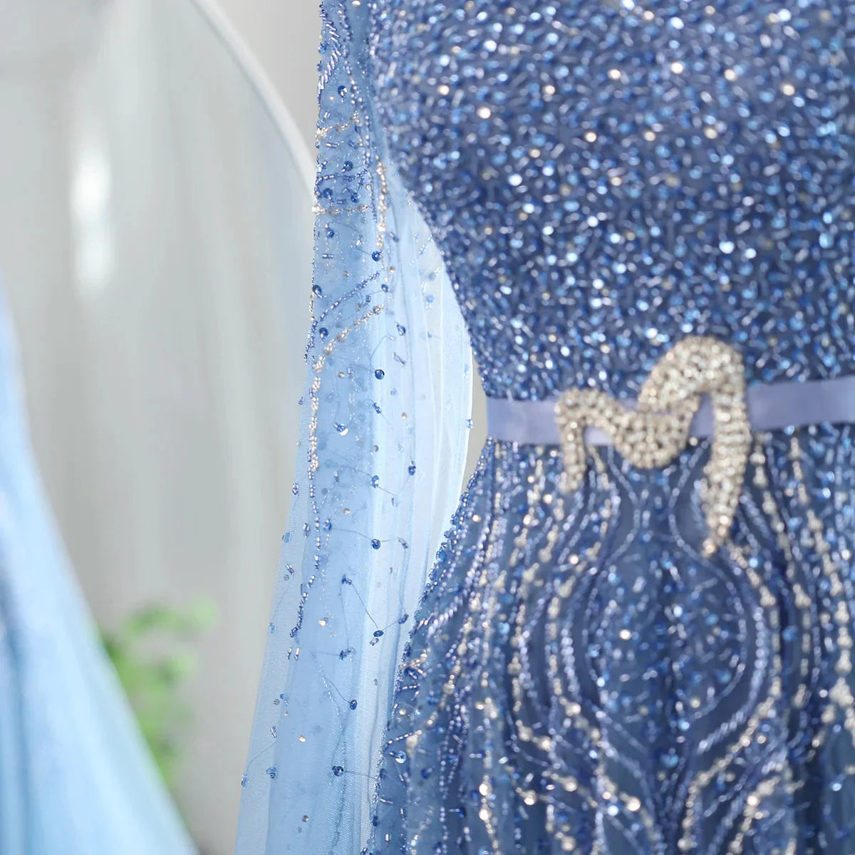 Luxury Dubai Blue Arabic Evening Dress with Cape Sleeves Elegant High Neck Muslim Women Wedding Party Gowns SS451