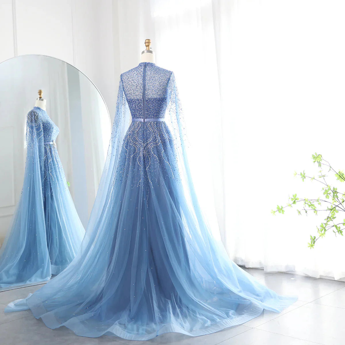 Luxury Dubai Blue Arabic Evening Dress with Cape Sleeves Elegant High Neck Muslim Women Wedding Party Gowns SS451