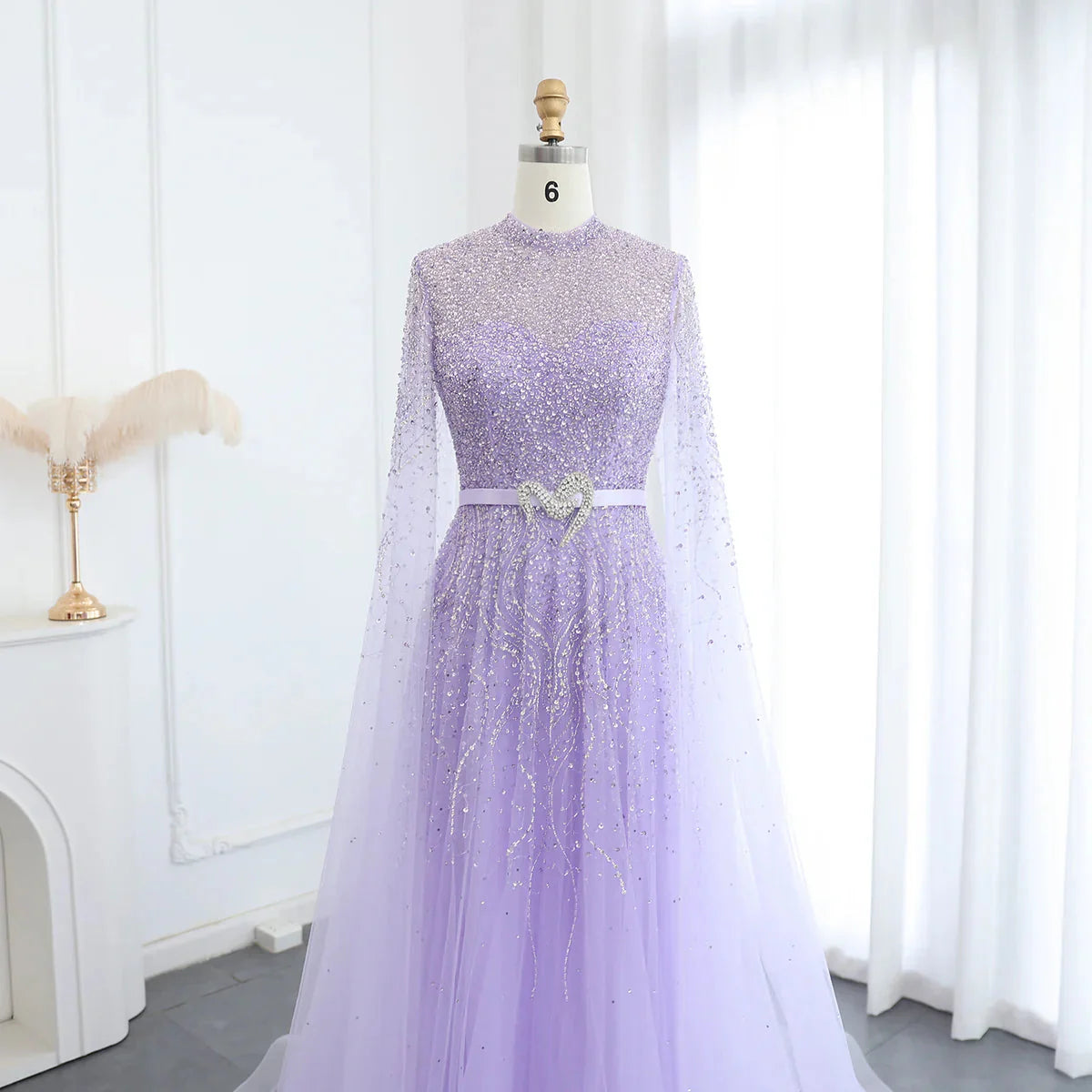 Luxury Dubai Blue Arabic Evening Dress with Cape Sleeves Elegant High Neck Muslim Women Wedding Party Gowns SS451