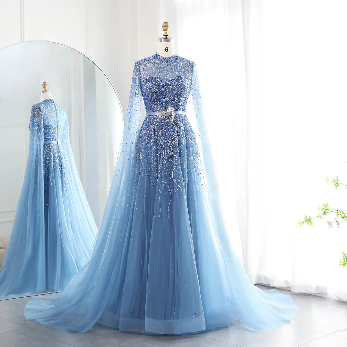 Luxury Dubai Blue Arabic Evening Dress with Cape Sleeves Elegant High Neck Muslim Women Wedding Party Gowns SS451