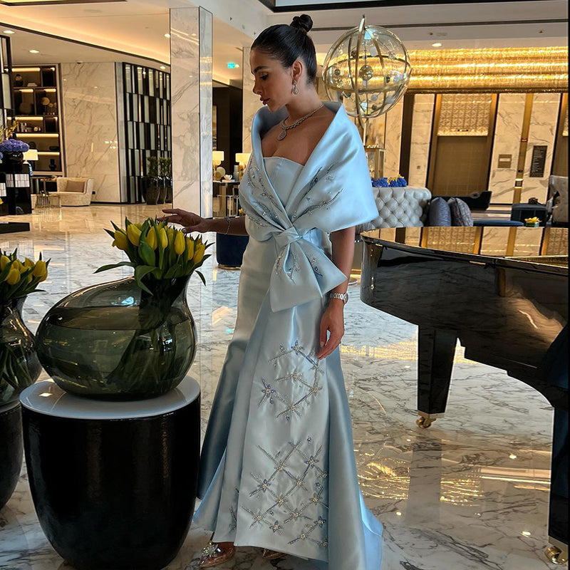 Luxury Dubai Blue Mermaid Arabic Evening Dresses with Cape Shawl Beaded Elegant Women Wedding Guest Party Gown SS333