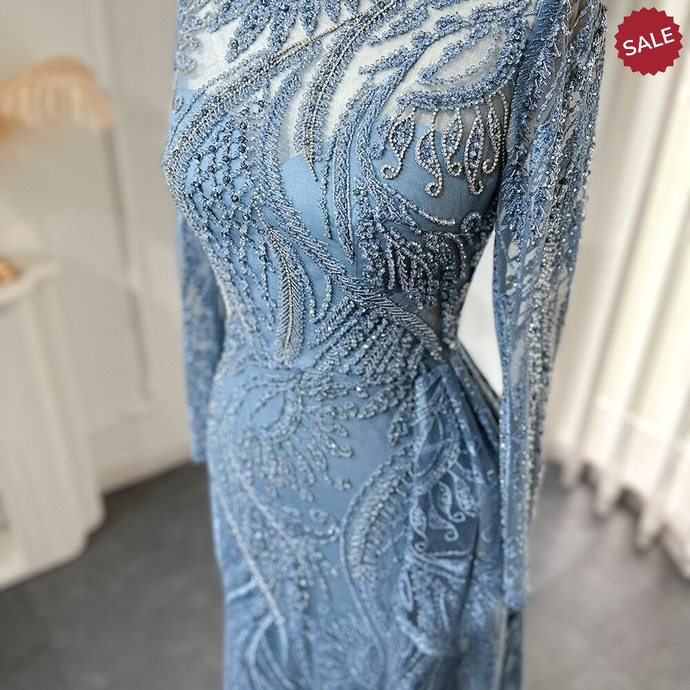 Luxury Dubai Blue Mermaid Muslim Evening Dress Overskirt Long Sleeve Plus Size Women Wedding Guest Party Gowns SS141