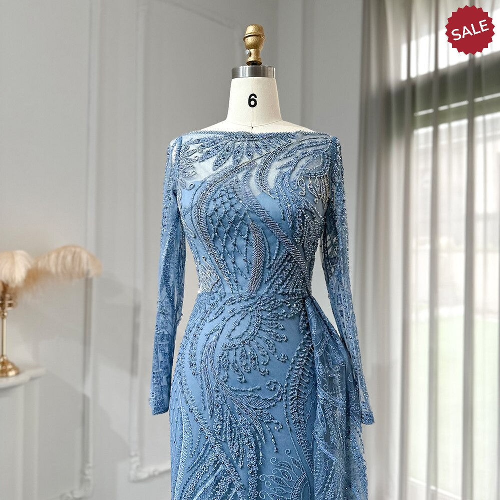 Luxury Dubai Blue Mermaid Muslim Evening Dress Overskirt Long Sleeve Plus Size Women Wedding Guest Party Gowns SS141