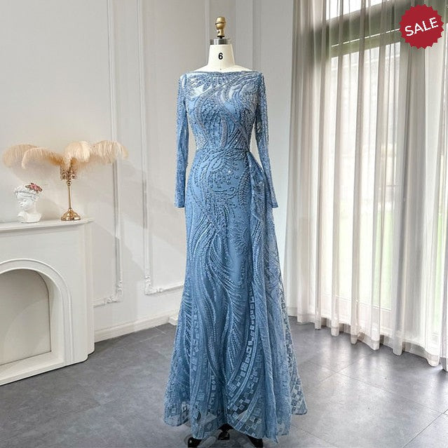 Luxury Dubai Blue Mermaid Muslim Evening Dress Overskirt Long Sleeve Plus Size Women Wedding Guest Party Gowns SS141