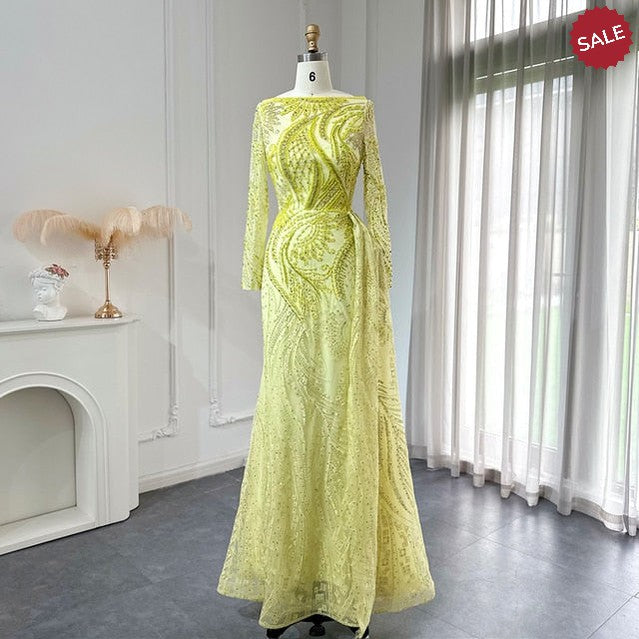 Luxury Dubai Blue Mermaid Muslim Evening Dress Overskirt Long Sleeve Plus Size Women Wedding Guest Party Gowns SS141