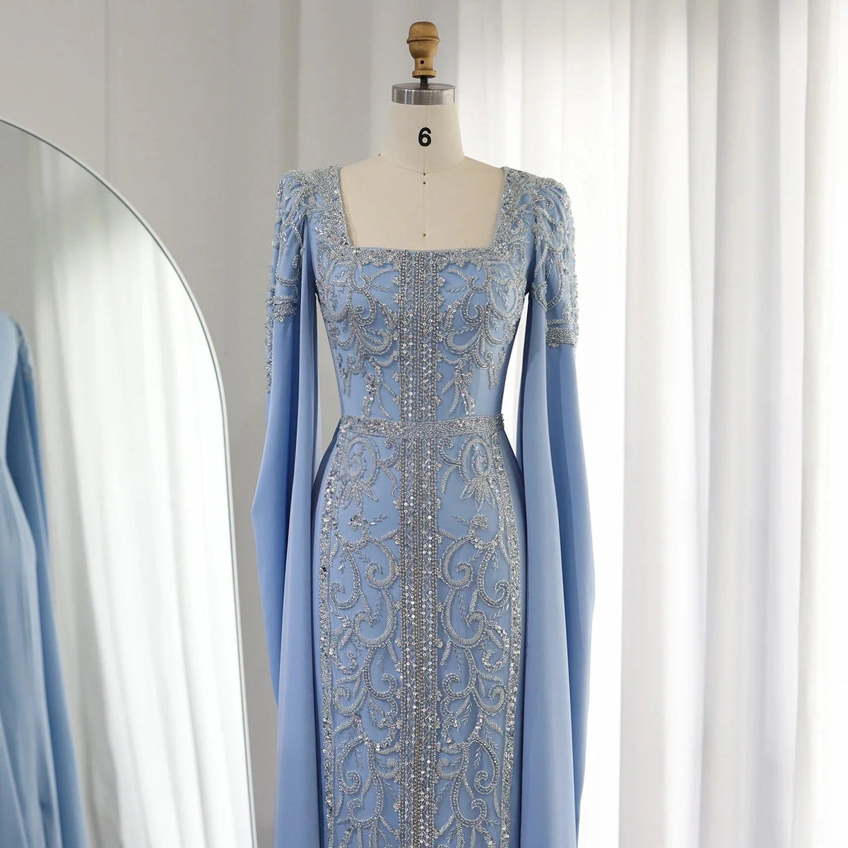 Luxury Dubai Blue Mermaid Muslim Evening Dresses with Cape Sleeves Arabic Women Wedding Engagement Party Gowns SS365